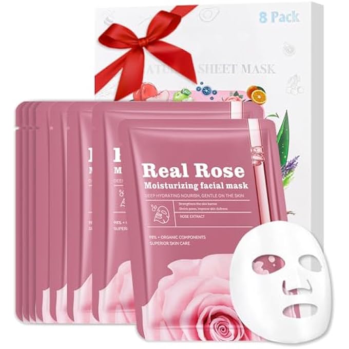 CAKAILA 8 PACK ROSE FACE MASK,PINK FACE MASKS SKINCARE SPA DAY KIT SUPPLIES,SPA PARTY FAVORS FOR WOMEN,SHEET FACIAL MASK SKINCARE GIFTS SET,MOISTURIZE SOOTHE FOR ALL SKIN TYPES - Image 1